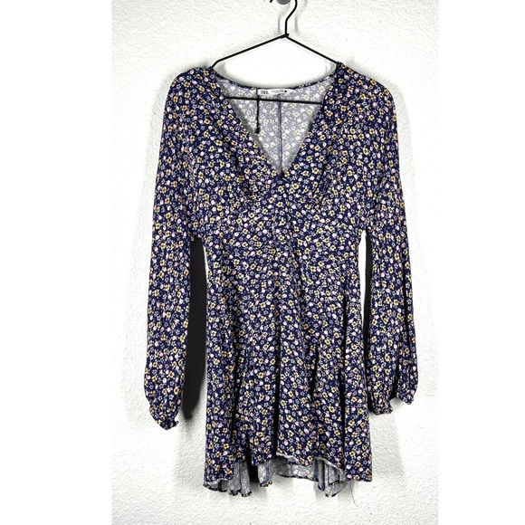 Zara Floral Long Sleeve Dress Skater Purple Size S - Picture 1 of 10